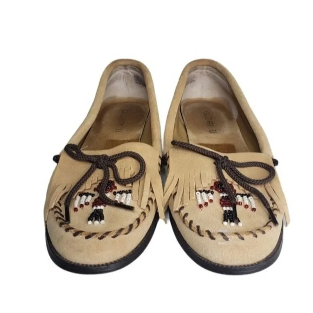 Glory II Suede‎ Moccasin Loafers Beaded Indian Design Shoes Women's Size 8.5